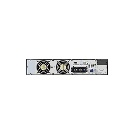 RÃ¼ckseite eines schwarzen elektronischen GerÃ¤ts mit zwei LÃ¼ftern und diversen AnschlÃ¼ssen.
