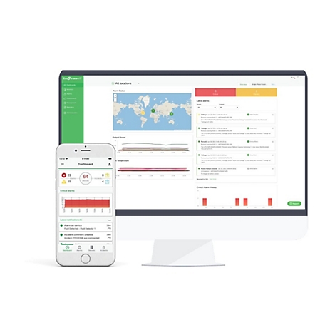 Smartphone, Laptop und Monitor zeigen Dashboards mit Diagrammen und Alarminformationen. Weltkarte, Diagramme, Warnungen, Status, kritische Alarme.