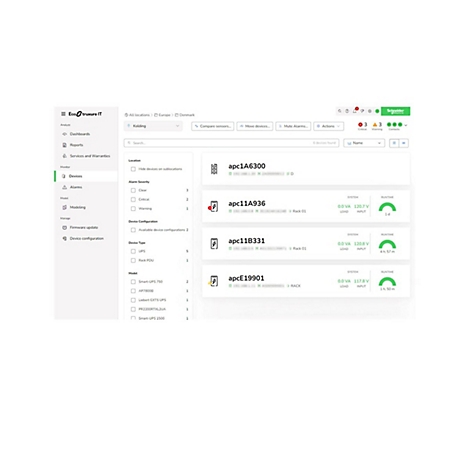 Screenshot der Ecotruxure IT-Oberfläche mit Geräteinformationen. Ein grüner Balken zeigt den Status der Geräte.