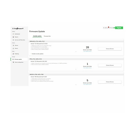 Screenshot der Firmware-Update-Seite einer Software. Es werden verfügbare Updates für verschiedene Geräte angezeigt.