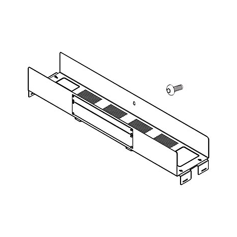 Schwarz-weiße Zeichnung eines rechteckigen Metallteils mit Lüftungsschlitzen und Schraube.