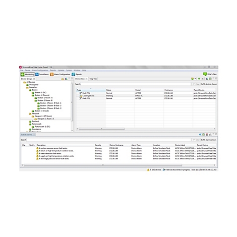 Screenshot der StruxureWare Data Center Expert Software mit Geräteübersicht, Statusanzeige und aktiven Alarmmeldungen.