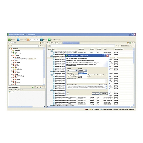 InfraStruxure Central Softwareoberfläche mit geöffnetem Fenster zur Konfiguration von Gerätealarmen.