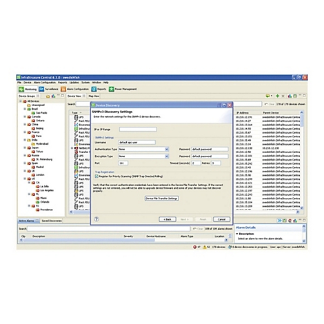 Screenshot einer Software-Oberfläche mit Netzwerk- und Alarm-Konfigurationseinstellungen. Auf der linken Seite befindet sich eine Liste von Geräten, auf der rechten Seite Detailinformationen.