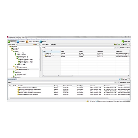 Screenshot der Software "StruxureWare Data Center Expert 7.2.6", die Geräteüberwachung und Alarmkonfiguration anzeigt. Eine Tabelle listet Alarme auf, darunter Temperatur-, Wasser- und Druckfehler.