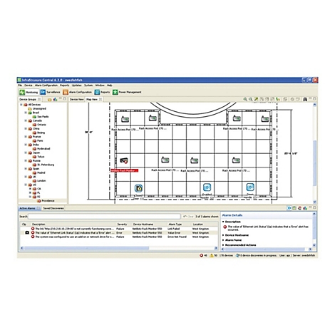 Bildschirmanzeige der Software InfraStruxure Central mit Serverraum-Grundriss und Alarm-Übersicht.