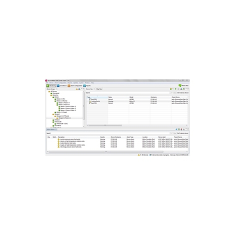 Bildschirmfoto der Software StruxureWare Data Center Expert mit einer Geräteliste und Alarmmeldungen.