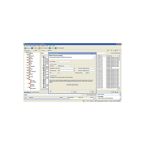 Screenshot der Software InfraStruxure Central mit einem geöffneten Einstellungsfenster für SNMPv3-Geräteerkennung.