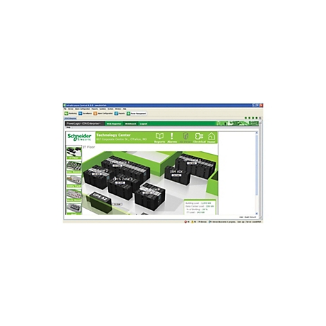 Softwareoberfläche InfraStruxure Central mit 3D-Ansicht eines Rechenzentrums und Energieverbrauchswerten.