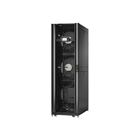 Schwarzer Serverschrank mit Gittertür, drei Lüftern und Rollen. Innenleben gut sichtbar.