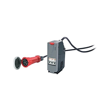 Grauer Verteilerkasten mit rotem Stecker. Der Stecker ist geöffnet und zeigt die Innenkontakte. Schwarze Kabel gehen vom Verteiler ab.