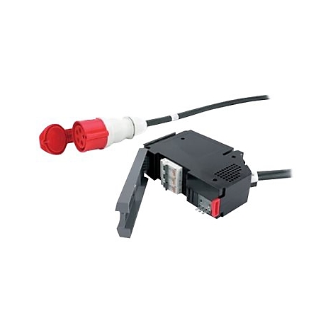 Ein schwarzes Stromanschlussgehäuse mit rotem Stecker und Kabel.