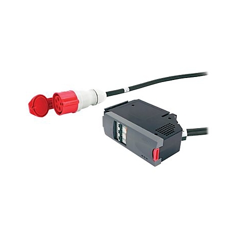 Stecker, roter Deckel offen, mit Kabel und schwarzer Box mit Knöpfen.