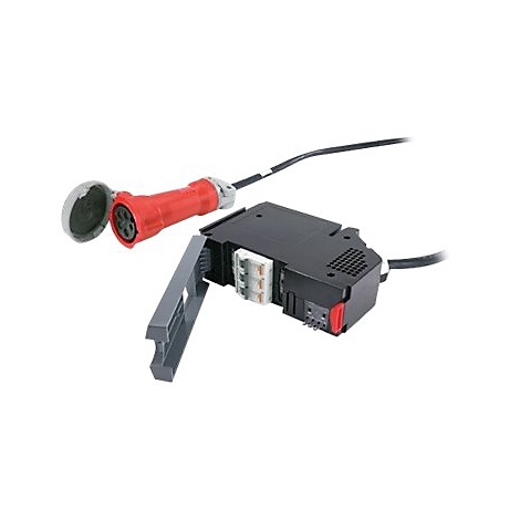 Roter Stecker mit schwarzem Gehäuse und grauem Deckel. Daneben Kabel mit Anschluss.