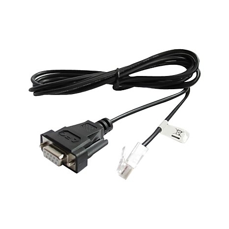 Ein schwarzes Kabel mit DB9-Stecker und RJ45-Stecker, weißem Etikett.