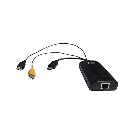 Ein schwarzes APC-Gerät mit drei Kabeln und verschiedenen Anschlüssen, darunter USB und Ethernet.