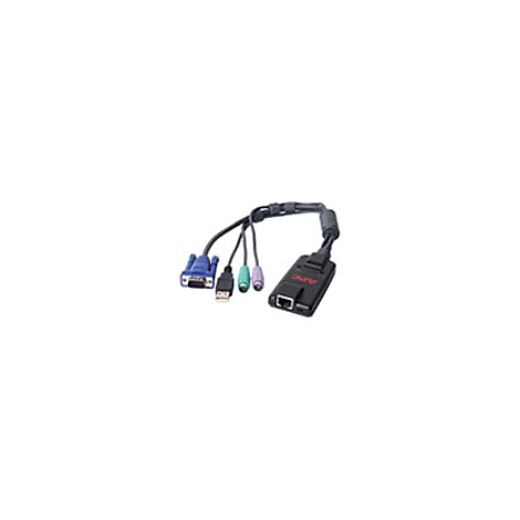 Ein schwarzes APC-Kabel mit VGA-, USB- und Audioanschlüssen, sowie einem RJ45-Stecker.