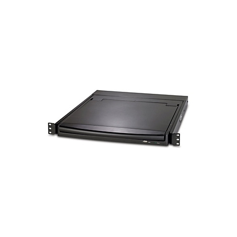 Ein schwarzes 19-Zoll-Rackmount-Gerät auf weißem Hintergrund. Es hat eine USB-Buchse, eine Power-LED und die Frontblende ist leicht gebogen.