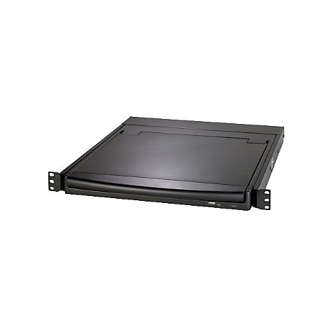 Schwarzes Rack-Mount-Gerät, flach, mit Klappe.
