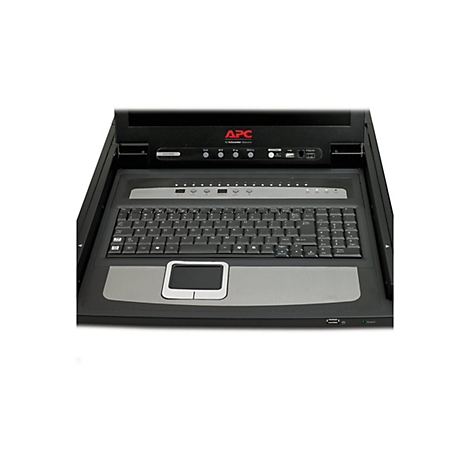Schwarzes APC-KVM-Konsolenmodul mit integrierter Tastatur, Touchpad und LCD-Bildschirm. Logo von Schneider Electric.