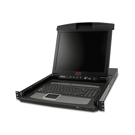 Schwarzer APC KVM-Rack-Monitor mit Tastatur, Touchpad und Display. APC-Logo.