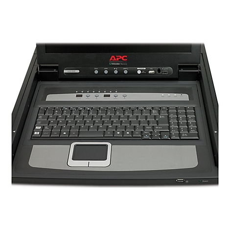 APC Rack-Konsole mit schwarzer Tastatur, Touchpad und Bedienfeld unter dem Monitor.
