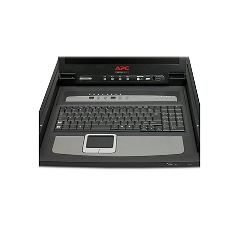 Ein schwarzes APC-Keyboard mit eingebautem Touchpad. Oben Logo und Funktionsknöpfe, darunter Tastatur und Touchpad.