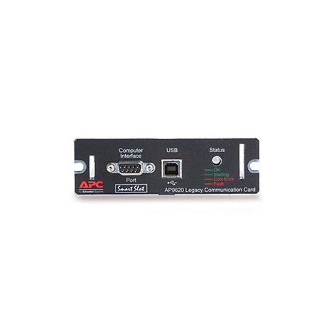 Schwarze APC Legacy Kommunikationskarte mit Anschlüssen und Statusanzeige. Text: Computer Interface, USB, Smart Slot, AP9620 Legacy Communication Card.