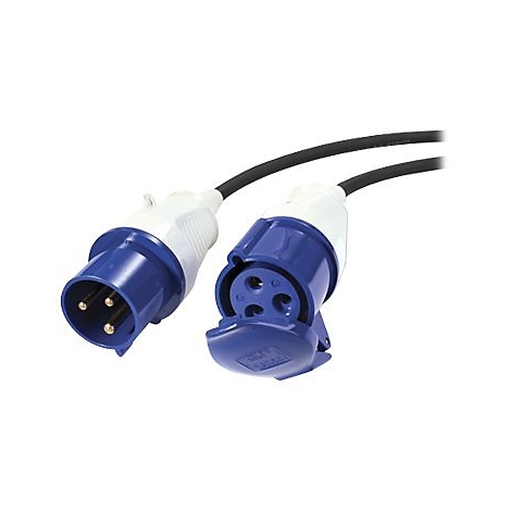 Blauer und weißer Industriestecker mit drei Polen.