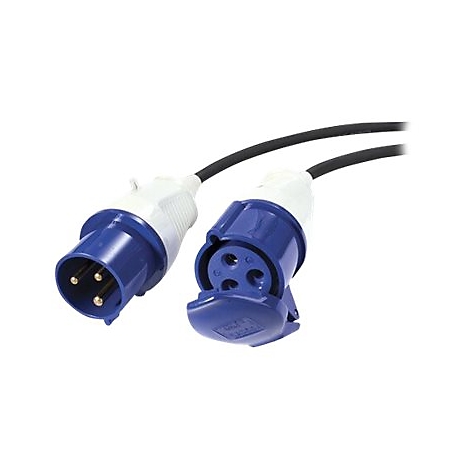Zwei blaue und weiße Stecker mit schwarzem Kabel vor weißem Hintergrund.