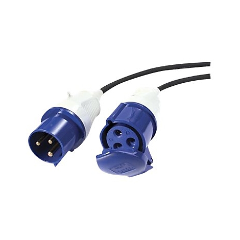 Zwei blaue Stecker mit schwarzen Kabeln. Der Stecker links hat drei Kontakte.