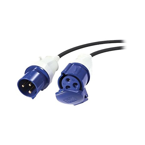 Blau-weißer Stecker mit schwarzem Kabel auf weißem Hintergrund.