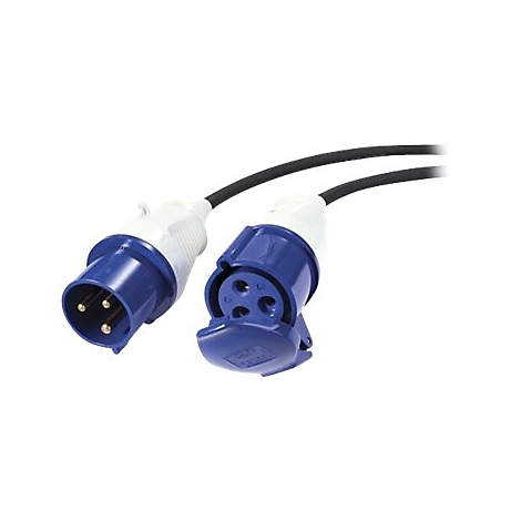 Ein blau-weißes CEE-Steckerset mit schwarzem Kabel. Der Stecker hat drei goldene Stifte, die Kupplung drei Löcher.