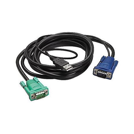 Un câble noir avec USB et deux connecteurs VGA. Le connecteur à l'extrémité gauche est vert, celui à l'extrémité droite est bleu.