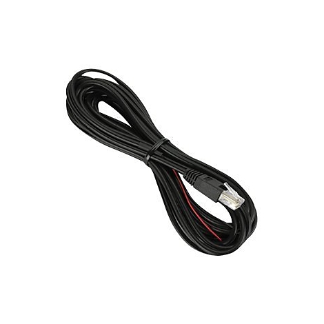 Ein schwarzes Netzwerkkabel mit RJ45-Stecker, rotes Kabel ist sichtbar.