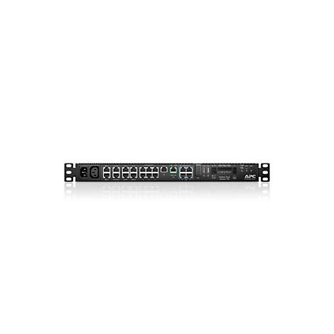 Schwarzer APC-Server-Switch, Frontansicht mit AnschlÃ¼ssen, auf weiÃŸem Hintergrund.