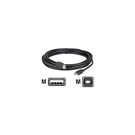 Schwarzes USB-A auf USB-B Kabel aufgerollt mit Detailansicht der beiden Steckeranschlüsse.