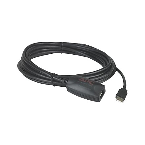 Schwarzes APC-USB-Kommunikationskabel mit Stecker und angeschlossenem Adaptergehäuse auf weißem Grund.