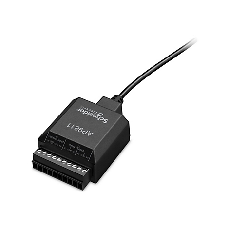 Ein schwarzes elektronisches Gerät mit Beschriftungen wie "Schneider Electric" und "AP9811", verbunden mit einem schwarzen Kabel.