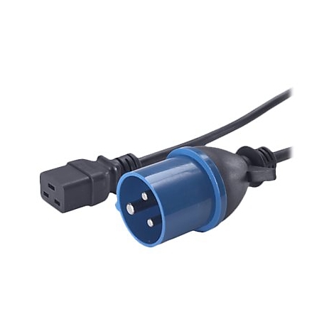 Câble d'alimentation noir avec prise bleue et coupleur noir, sur fond blanc.