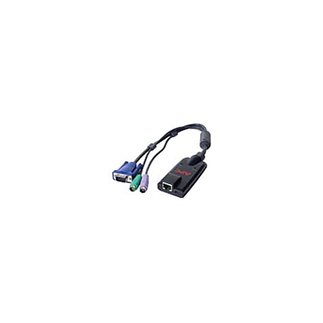 Ein schwarzer APC-Adapter mit einem blauen VGA-Anschluss, Audio-Anschlüssen und einem Ethernet-Anschluss.