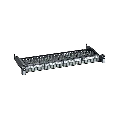 Schwarzes Patchpanel mit nummerierten Anschlüssen von 1 bis 24.