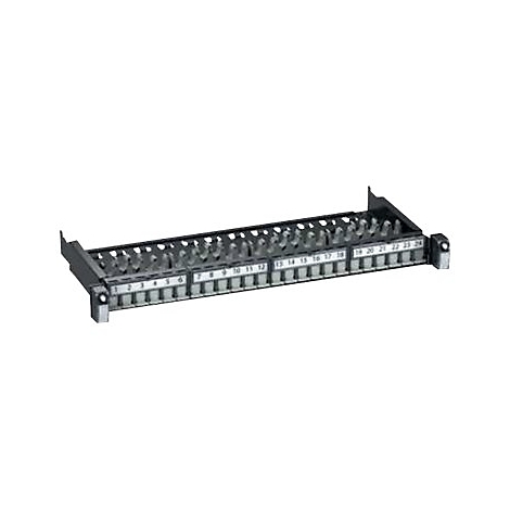 Schwarzes Patchpanel mit nummerierten Anschlüssen. Die Zahlen 1-24 sind auf der Vorderseite sichtbar.