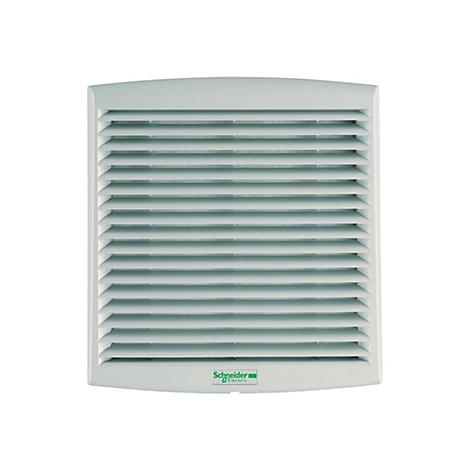Quadratisches, graues Lüftungsgitter mit horizontalen Lamellen und Schneider Electric Logo.