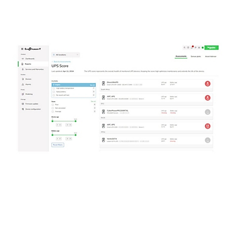 Capture d'écran de la plateforme Ecotruxure IT. La page affiche le score onduleur et les options de filtrage pour analyser et gérer les données. Des informations détaillées sur les appareils sont affichées à droite.