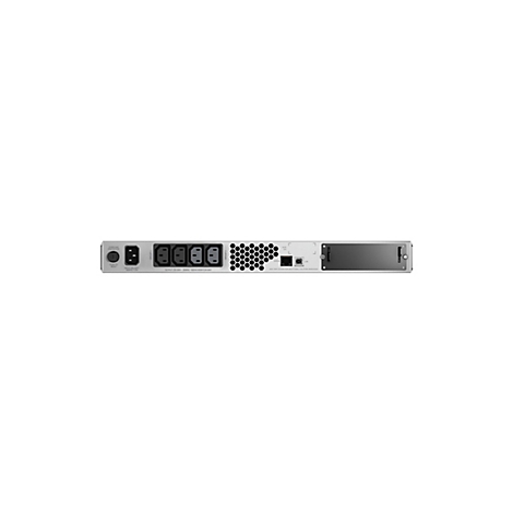 Vue arrière d'un serveur noir avec des ports, une entrée d'alimentation et des fentes de ventilation sur un fond blanc. Il y a des marquages textuels pour les fonctions et les spécifications.