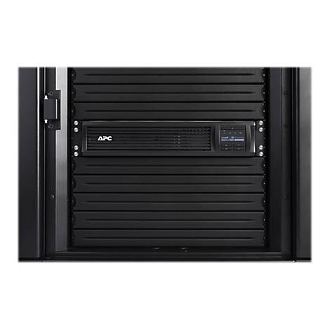 Schwarzes Rack mit APC-USV-Anzeige. Anzeige zeigt 'Load: 0%, Batt:100%'.
