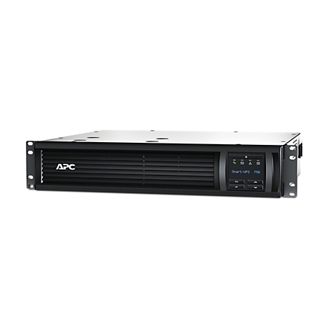 Ein schwarzes APC Smart-UPS 750 Stromversorgungssystem. Das Gerät ist vor weißem Hintergrund abgebildet.