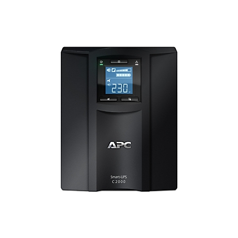 Schwarze USV-Anlage mit LCD-Anzeige, APC-Logo und Text: Smart-UPS C 2000.