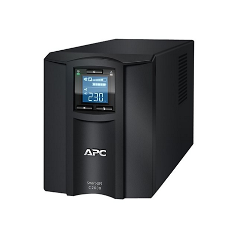 Schwarze APC USV mit blauem Display. Auf dem Display ist der Wert 230 zu sehen. Schriftzug APC und Smart-UPS.